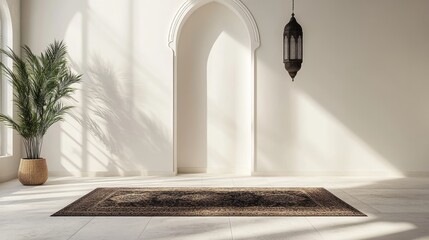 Elegant Moroccan-Inspired Interior with Arched Doorway and Oriental Rug
