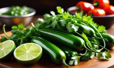 Fresh green jalapeños and lime with cilantro on wooden cutting board