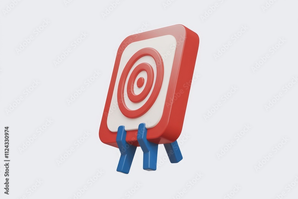 Poster 3D render of a red and white target on a small easel, symbolizing goals and achievement.