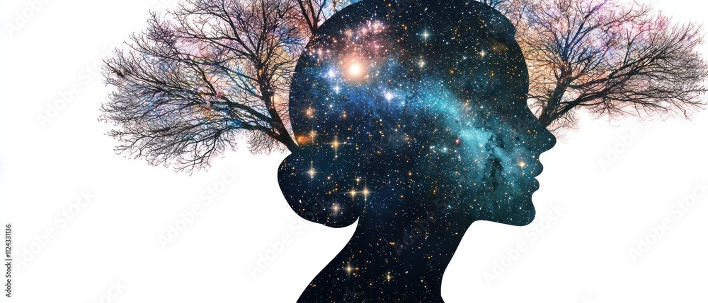 Poster Surreal double exposure image of Exploring feminine identity in a starry universe a cosmic digital art journey
