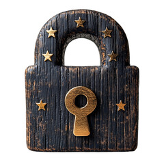 Vintage Wooden Padlock with Golden Stars and Keyhole for Security Concept