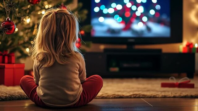 A young girl sits on the floor in front of a television