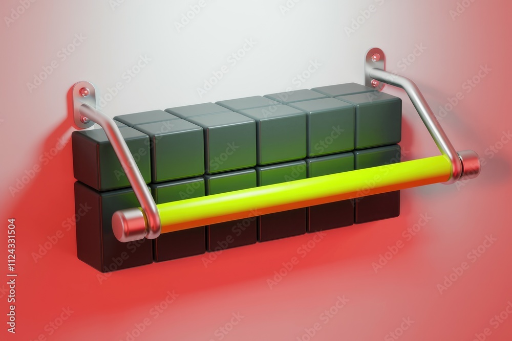 Poster a minimalist 3d render of a wall-mounted shelf made of dark green cubes with a bright yellow bar.