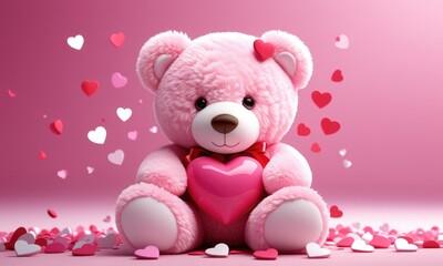 Obraz premium Adorable pink teddy bear holding heart surrounded by floating hearts on soft pink background