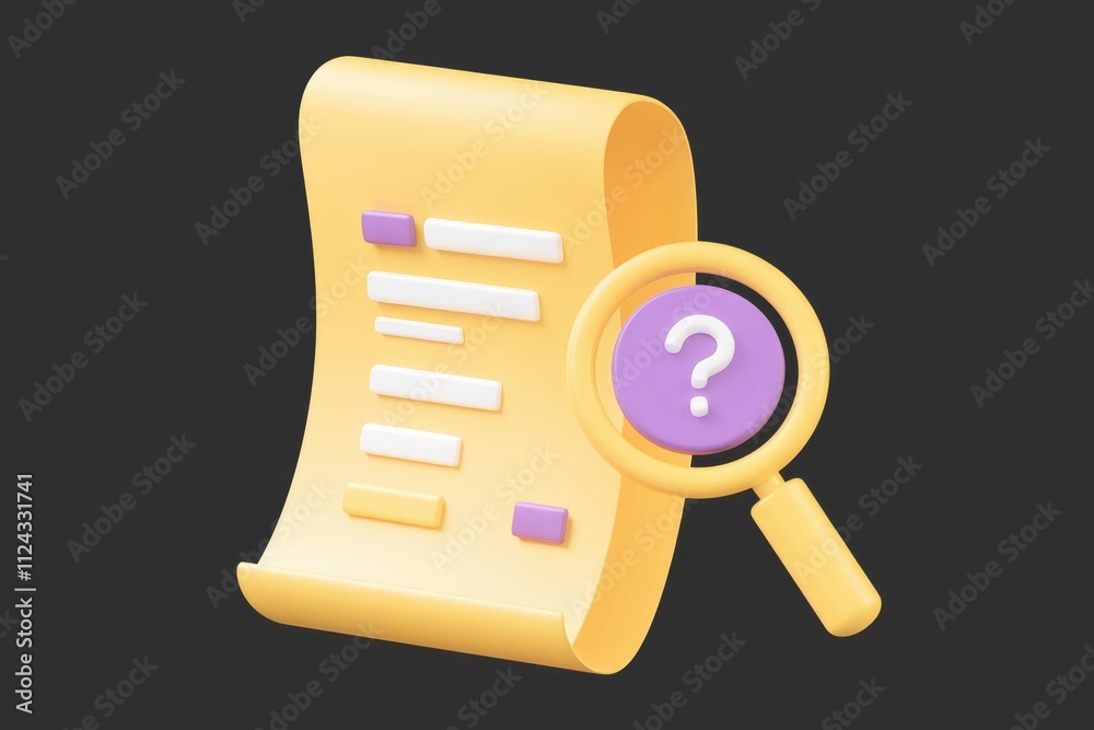 Poster A 3D render of a document with a magnifying glass highlighting a question mark, symbolizing inquiry and investigation.