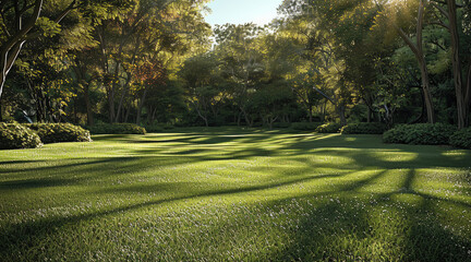 Fototapeta premium Park grass scenery. green grass field in big city park