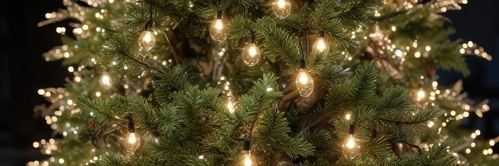 Sparkling fairy lights on a Christmas tree at dusk, winter wonderland, twinkling lights, evening glow