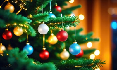 Obraz premium Festive christmas tree with colorful ornaments and twinkling lights