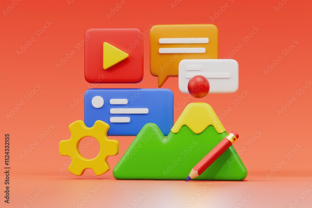 Poster 3d illustration of colorful communication and content creation elements.