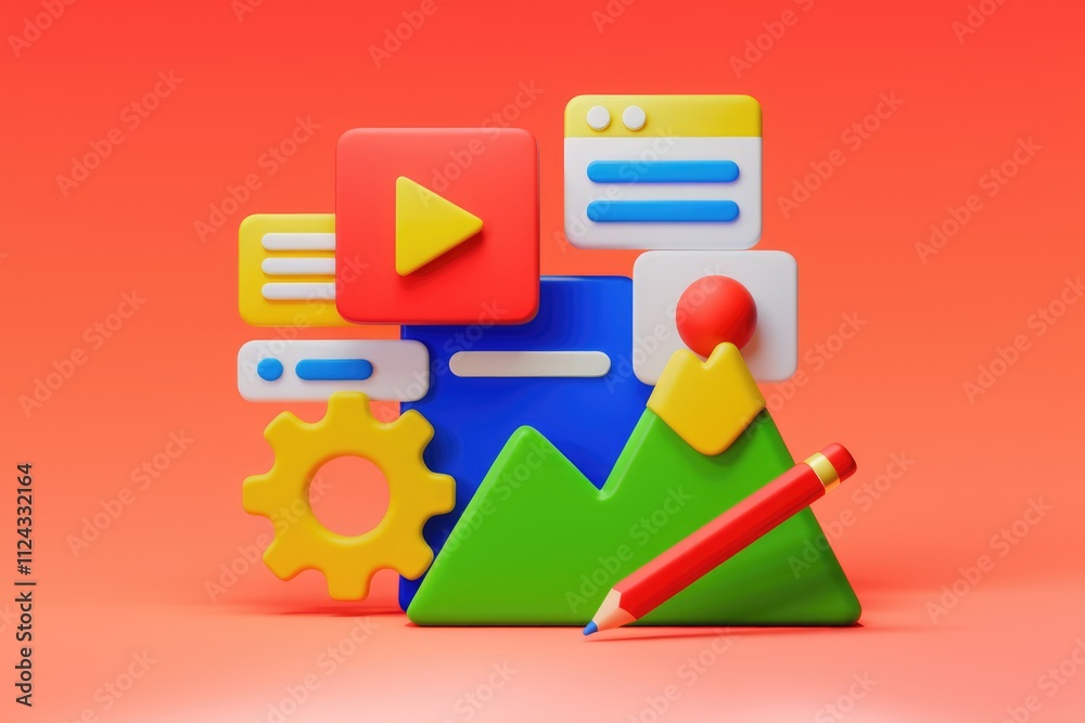 Aufkleber 3D illustration of colorful app icons representing content creation, video, web design, and data analysis.