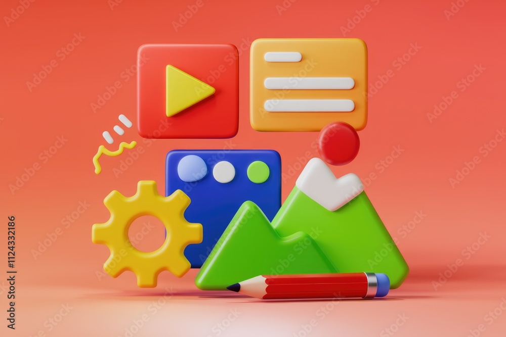 Poster Colorful 3D icons representing content creation, design, and development processes.