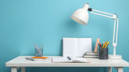 Side view photo of a white desktop with school supplies, pen holder and desk lamp on a blue background to promote a focused learning environment.