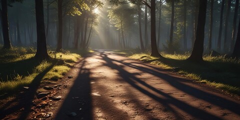 Fototapeta premium Streetlight casting long shadows in the woods, trees, nighttime scenery, wooded area