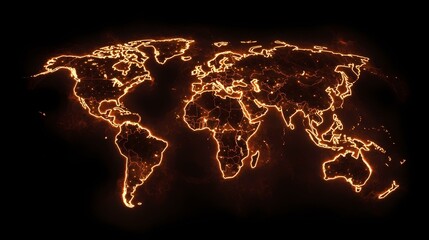 The image shows a fiery orange outline of the world map against a black background.A medium description sentence:  An incandescent world map, rendered in fiery orange lines, illuminates the darkness.