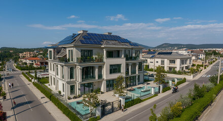 Obraz premium Real estate home with powered solar panels roof 