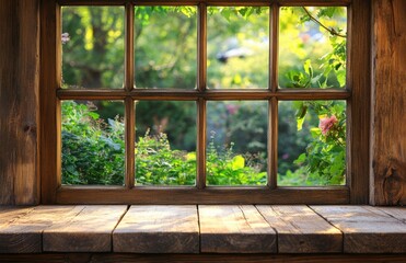 Cozy Garden View Through Wooden Window Frame Showcasing Lush Greenery, Colorful Flowers, and Natural Light Illuminating the Scene