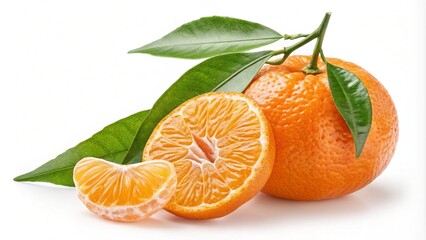 Fresh Mandarin Orange with Leafy Green Stem Isolated on White Background in Full Depth of Field