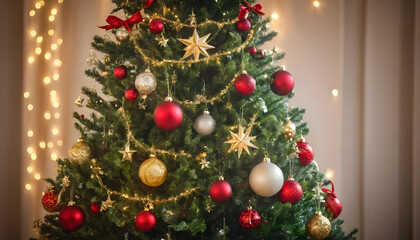 Fototapeta premium A stunning Christmas tree decorated with vibrant ornaments, glittering lights, and a radiant star topper, set against a softly blurred background with bokeh effects. This elegant and festive image 
