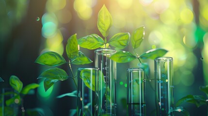 Biotechnology scientist conducting plant science research in laboratory, analyzing organic leaf samples in test tubes for green nature, medical chemistry, and ecological sustainability experiments