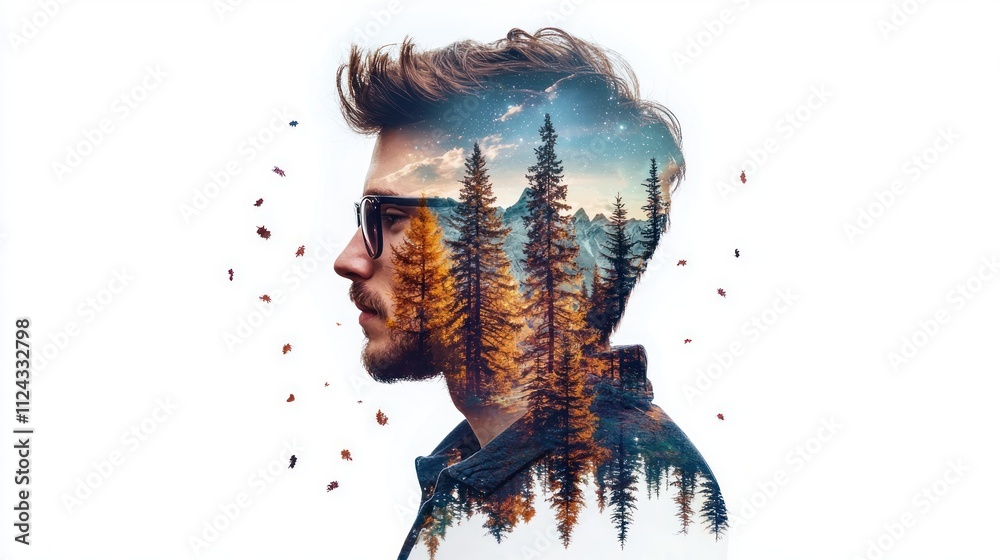 Poster Creative Double Exposure of Nature-inspired portrait of a person in forest digital art serene environment profile view