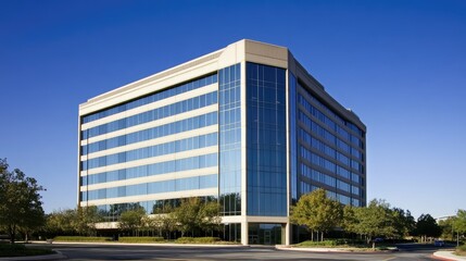 Modern Office Building With Sleek Glass Facade Surrounded By Lush Greenery Under Clear Blue Sky, Showcasing Contemporary Architecture and Urban Design
