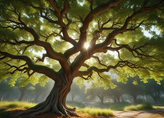 Fototapeta premium The intricate network of a branch supports the lush canopy of a mature tree, leafy, branch, greenery