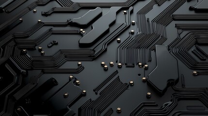 The image shows a close-up view of a black circuit board with intricate, raised pathways and gold-colored screws.