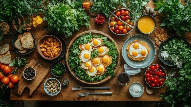 a pancakes, eggs, and coffee, surrounded by modern decor and natural light 