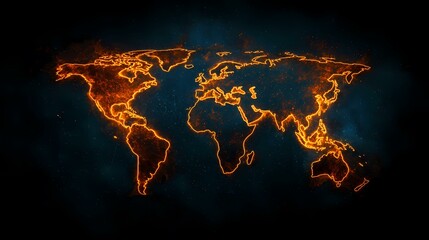 An image of a fiery orange world map outline on a dark blue background with sparks.A fiery orange outline of the world map is depicted against a dark blue, space-like background, scattered with ember