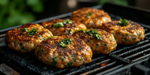 Juicy Grilled Burger Patties with Fresh Herbs on Barbecue Grill