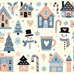 seamless pattern with houses and snowman