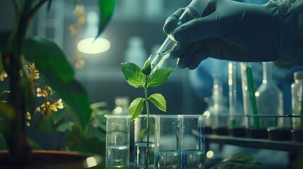 Biotechnology scientist conducting plant science research in laboratory, analyzing organic leaf samples in test tubes for green nature, medical chemistry, and ecological sustainability experiments