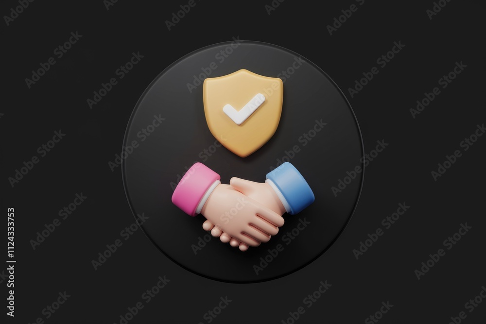 Poster secure partnership agreement symbolized by a handshake and a checkmark shield.