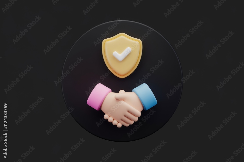 Aufkleber A 3D render of two hands shaking with a shield and checkmark above, symbolizing secure partnership.