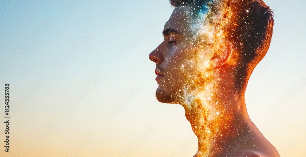 Poster the double exposure of cosmic transformation ethereal digital art of a man in an inspirational envir