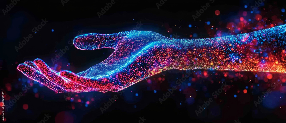 Poster a hand extends outward, illuminated by a spectrum of colorful particles, creating a mesmerizing effe