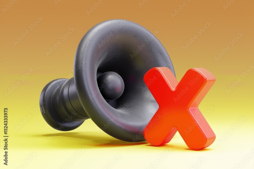Poster A 3D rendering of a speaker with a red 'X' signifying mute or no sound.