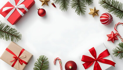 Christmas and New Year holiday background. Xmas greeting card. Christmas gifts on white background top view. Noel. Flat lay/A festive flat lay featuring Christmas and New Year elements on a white 
