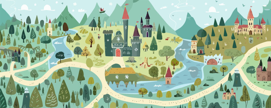 Detailed map of a whimsical fairy tale kingdom with castles, forests, and rivers, flat, vector illustration, vintage hand drawn.