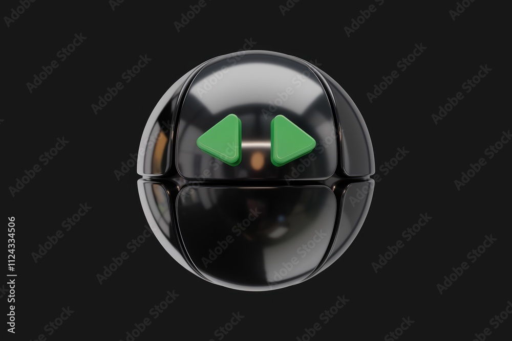 Aufkleber A black sphere with two green triangular buttons, possibly representing control or direction.
