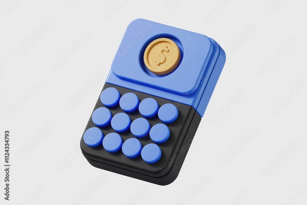 Poster a 3d render of a blue and black calculator with a gold dollar coin on top, symbolizing financial cal