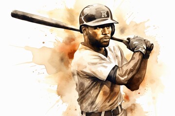 watercolor brown and gray illustration of a baseball player
