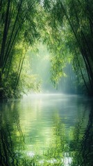 Obraz premium Green Bamboo Reflections in Misty Calm Waterway