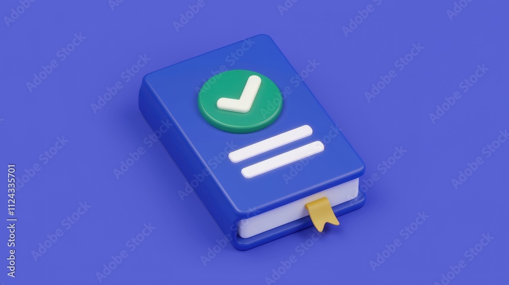 Poster A 3D rendering of a blue book with a green checkmark, symbolizing completion or verification.