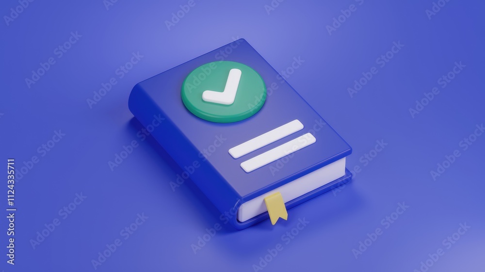 Poster a 3d rendered blue book with a green checkmark, symbolizing completion or approval.