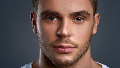Fototapeta premium Determined Resolve A man staring directly at the camera, his brow slightly furrowed and lips pressed into a firm line. His intense gaze reflects focus and determination, with a soft gray background fo
