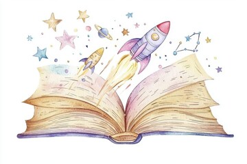 An open book with rockets and stars, symbolizing imagination, exploration, and the boundless possibilities of storytelling.