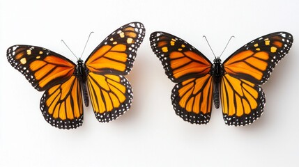 Fototapeta premium Two Monarch butterflies gracefully display their vivid orange and black wings, embodying the beauty of nature in a striking composition