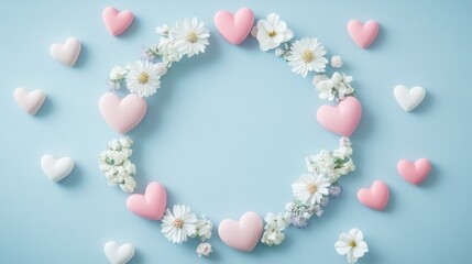 Obraz premium Romantic Floral Wreath with Pink and White Hearts