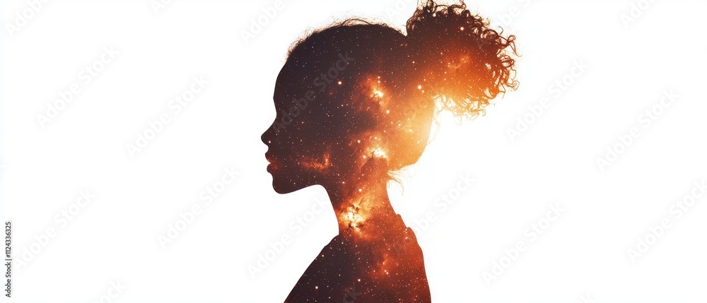 Poster double exposure image of artistic portrait of a woman exploring cosmic identity in digital studio